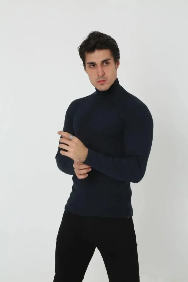 Férfi Fekete Slim Fit Likralı Bordázott Turtleneck Body 3