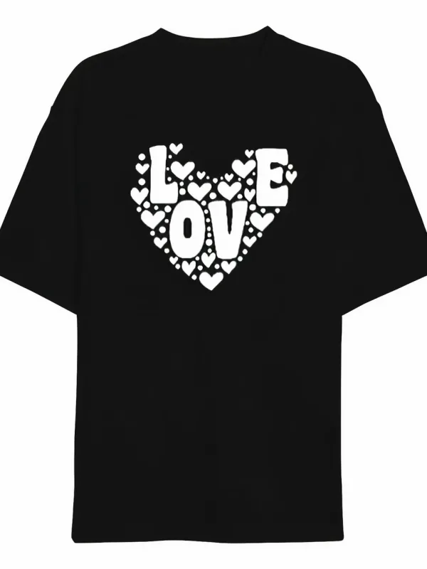 მამაკაცის შავი Oversize Love გულის პრინტიანი ველოსიპედის საყელო მაისური 1