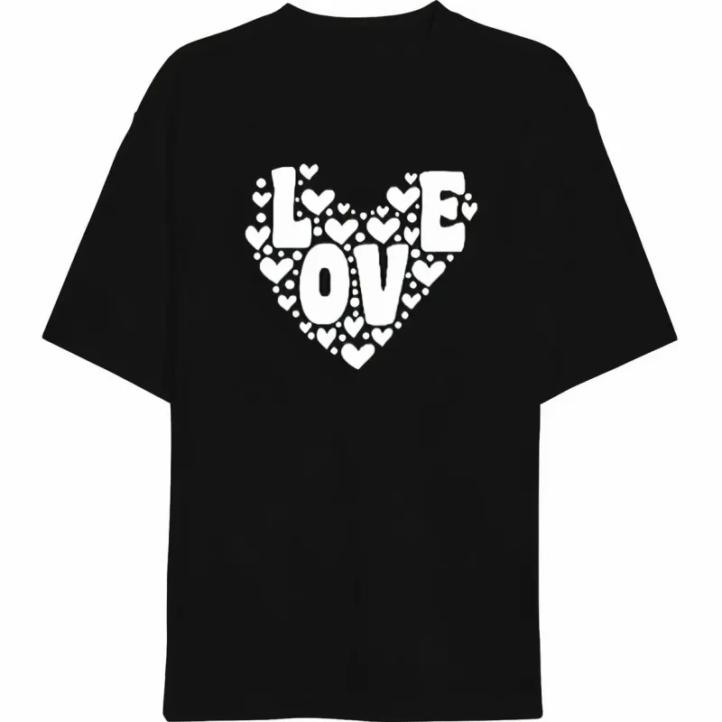 Muška crna oversized Love srce printana biciklistička kragna majica