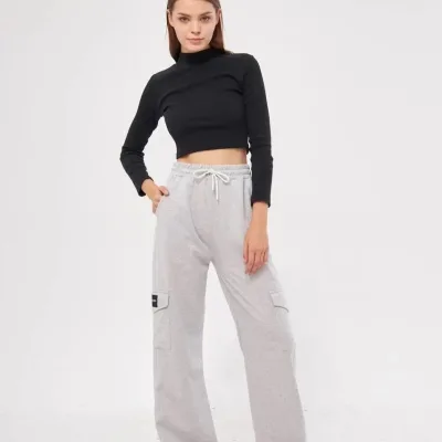 Kobieta Szary Oversize Luźne Nogawki Kargo Kieszenie Palazzo Spodnie 5