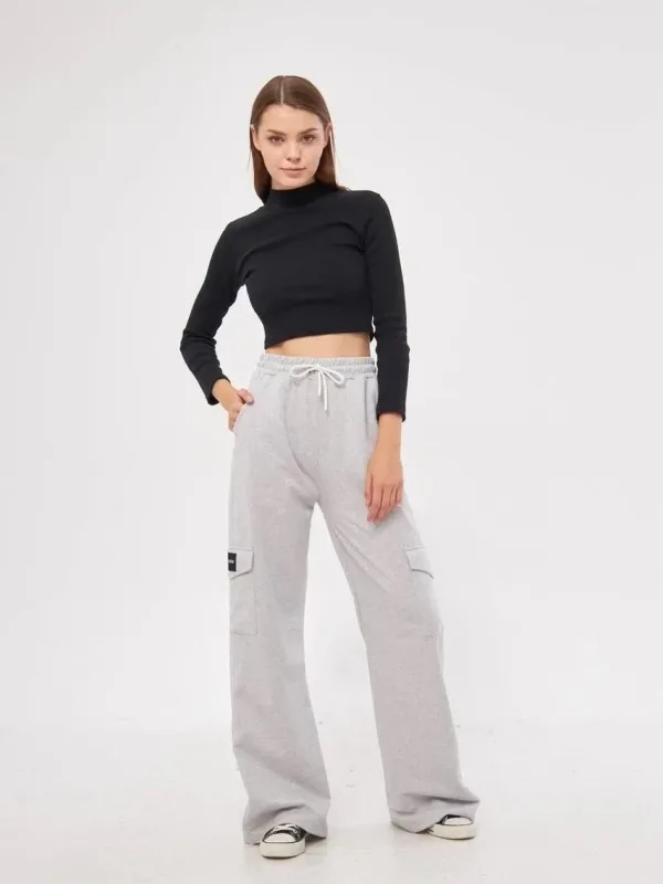 Kobieta Szary Oversize Luźne Nogawki Kargo Kieszenie Palazzo Spodnie 5