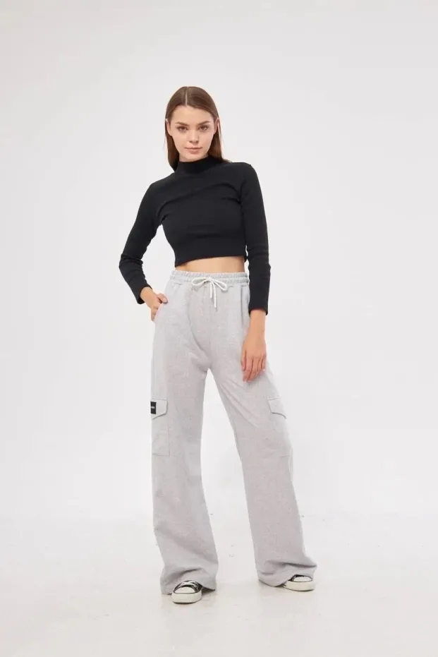 Kobieta Szary Oversize Luźne Nogawki Kargo Kieszenie Palazzo Spodnie 5