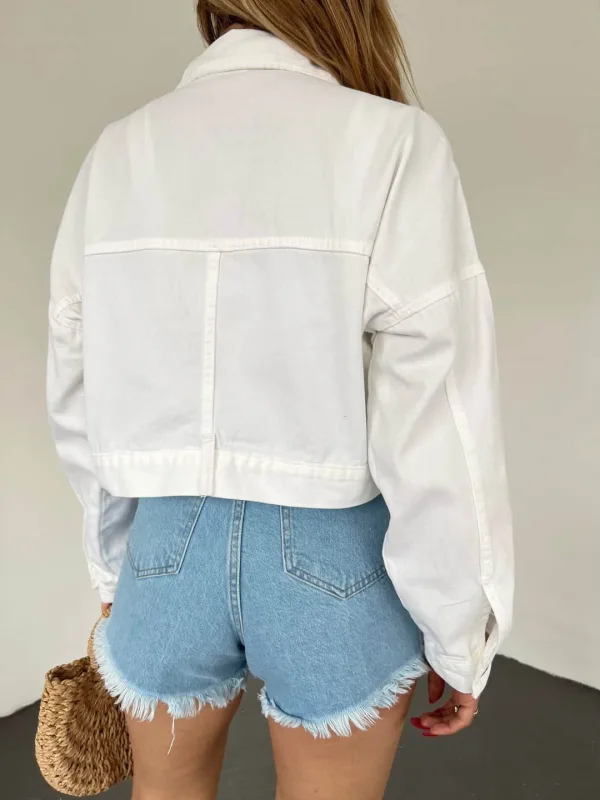 Zippered Double Pocket Denim Jacket White 6