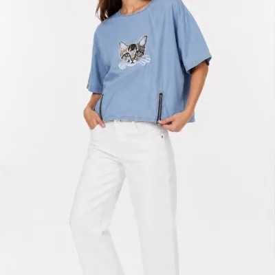 Men's Blue Oversize Scoop Neck Printed T-Shirt 3