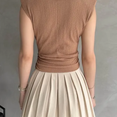 Shoulder Padded Belted Crepe Blouse Beige 4