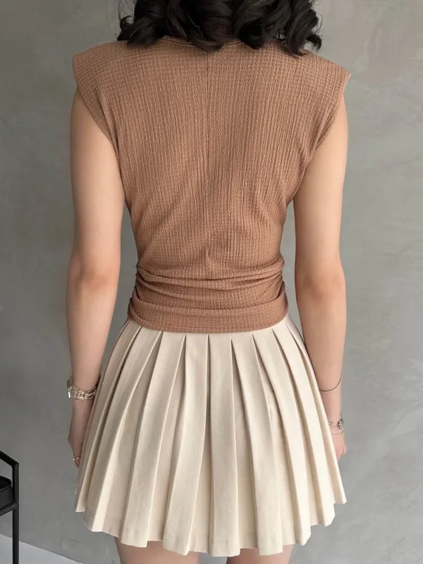 Shoulder Padded Belted Crepe Blouse Beige 4