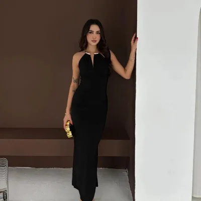Γυναικείο Μαύρο Κομψό Μακρύ Βραδινό Φόρεμα με Σκίσιμο και Ντεκολτέ στην Πλάτη 5