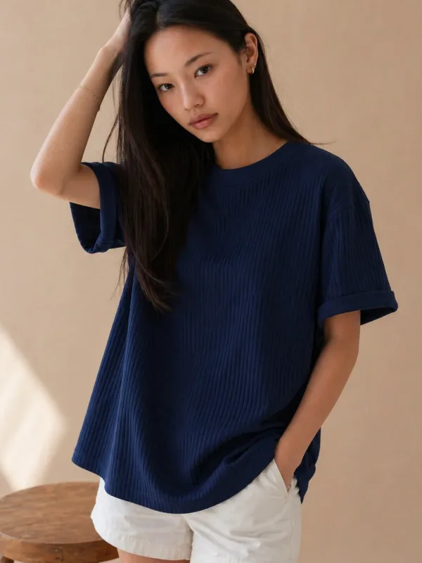 Gratë Blu e Errët Ribana Oversize T-Shirt 100% Pambuk Prerje e Lirshme