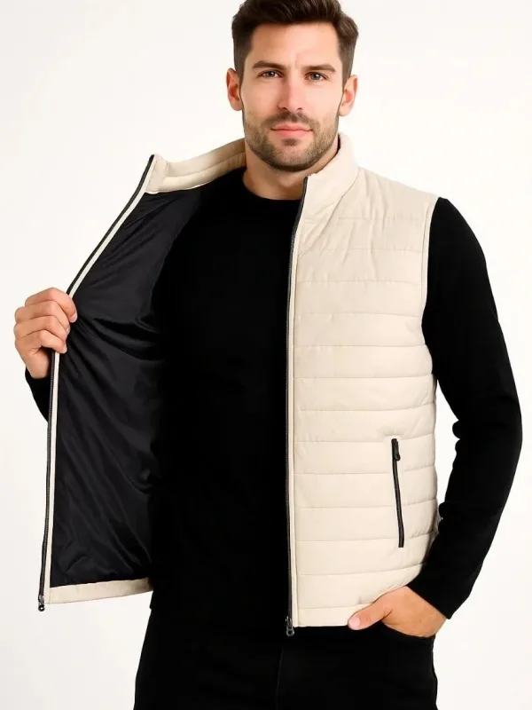 Vest for Men, Beige, Waterproof, Zippered, Quilted, Puffy