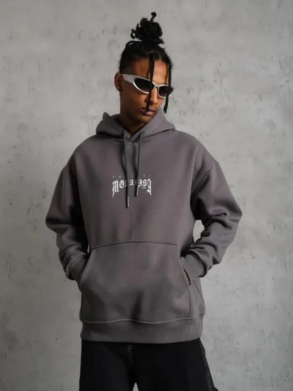 Pánské šedé oversized 3-nitní bavlněné kapucové potištěné mikiny 4