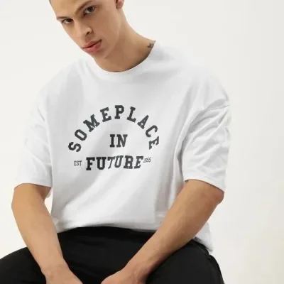 Bluzë për meshkuj, e bardhë, oversized, me jakë biçiklete, me printim, verore 2