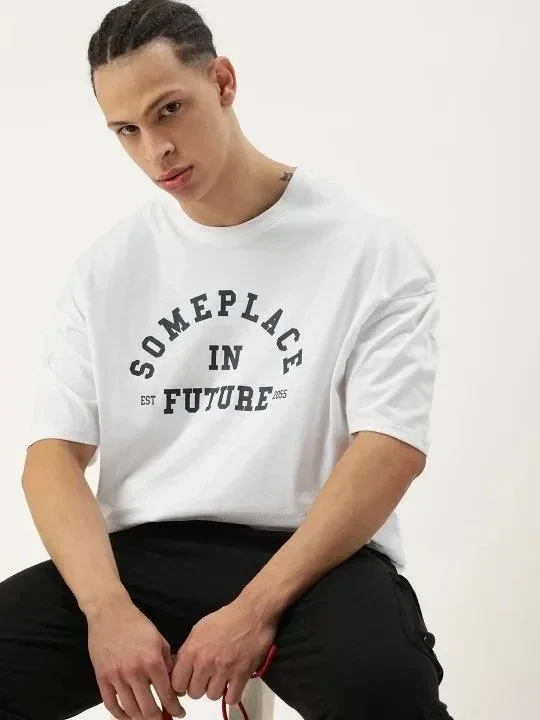 Мъжки бял Oversize велосипедна яка с щампа лятна тениска 2