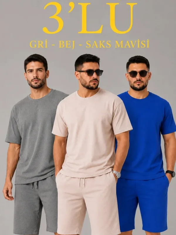 Koma 2'lî Oversize ya Mêran a Bi Du Têl, Tîşort û Şort