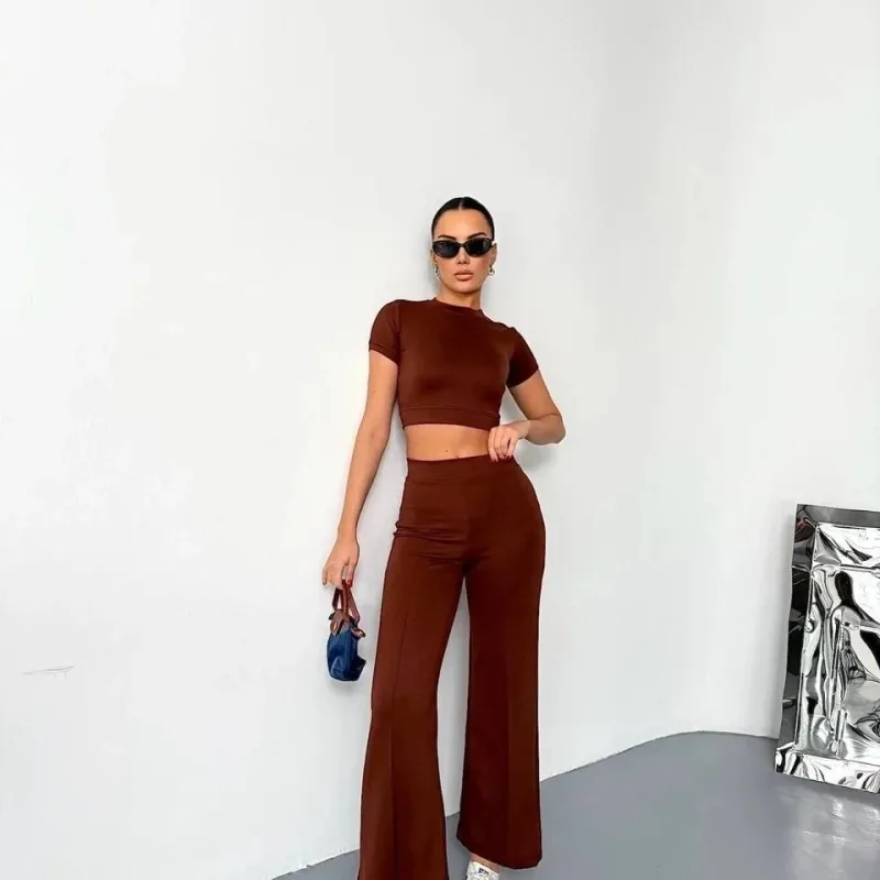 Dámský hnědý modal měkká látka krátký rukáv crop španělské nohavice kalhoty set