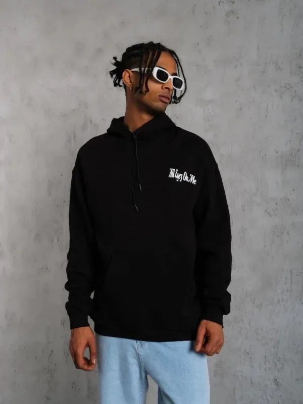 Muška crna 3 niti pamučna kapuljača džep klokana tiskani sweatshirt