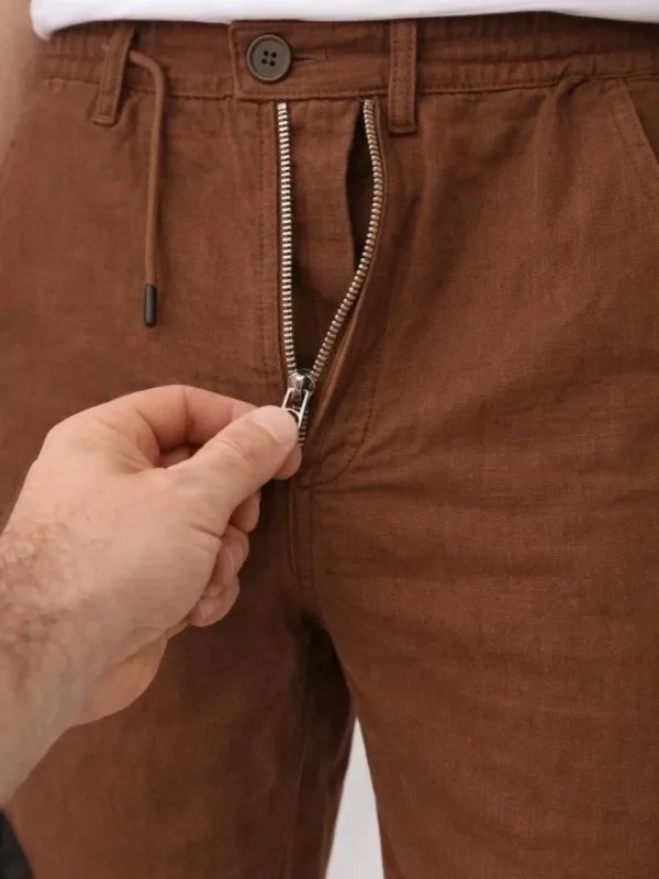 Muške smeđe lanene pantalone sa džepovima, elastičnim strukom i vezicama 2