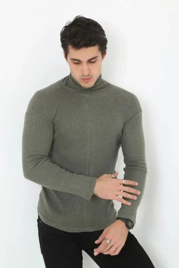 Erkek Haki Slim Likralı Boğazlı Uzun Kollu Body 3