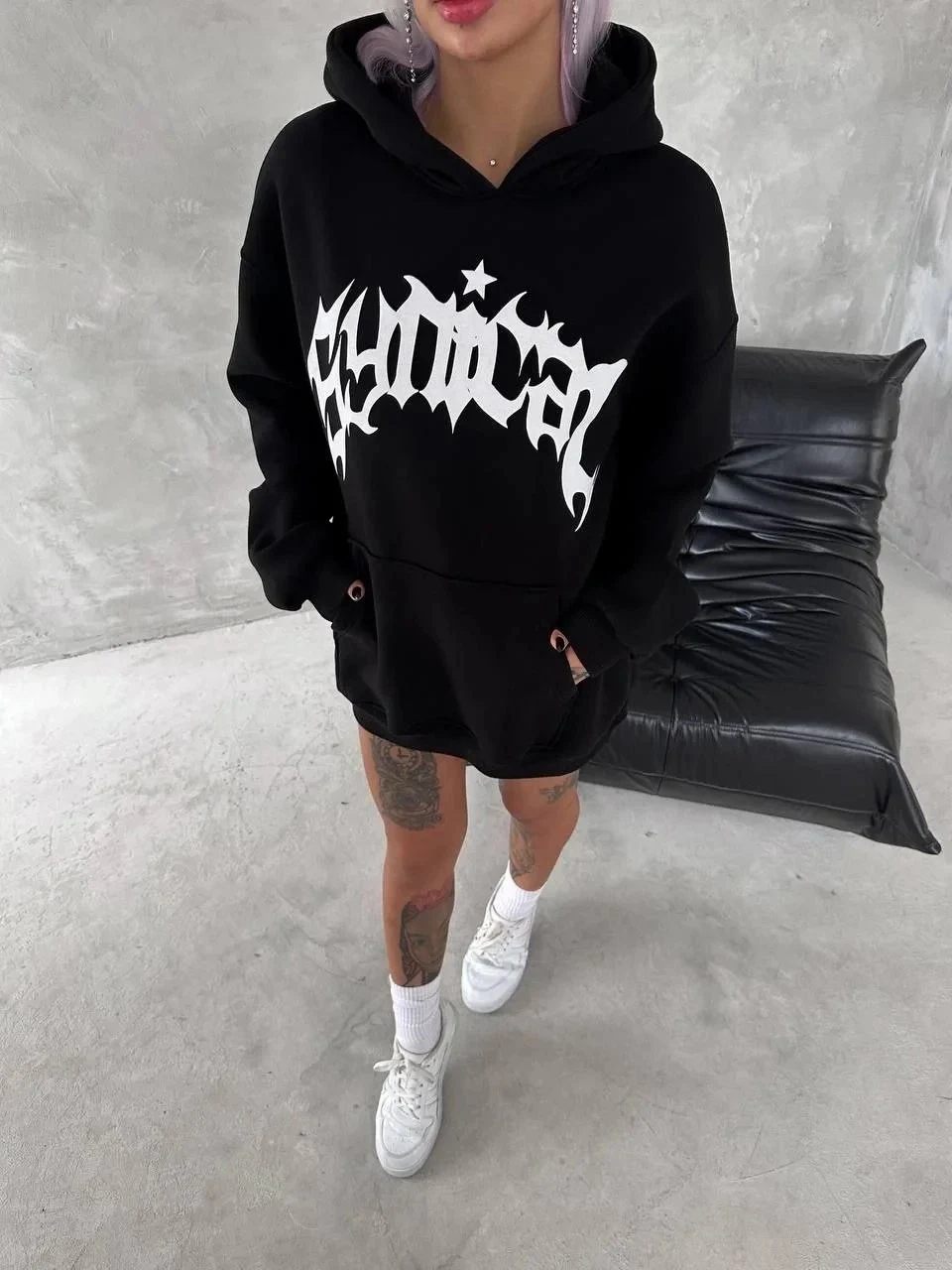 Damski Czarny Oversize Kaptur Kieszeń Nadruk 3-nitkowy Bawełniany Sweatshirt