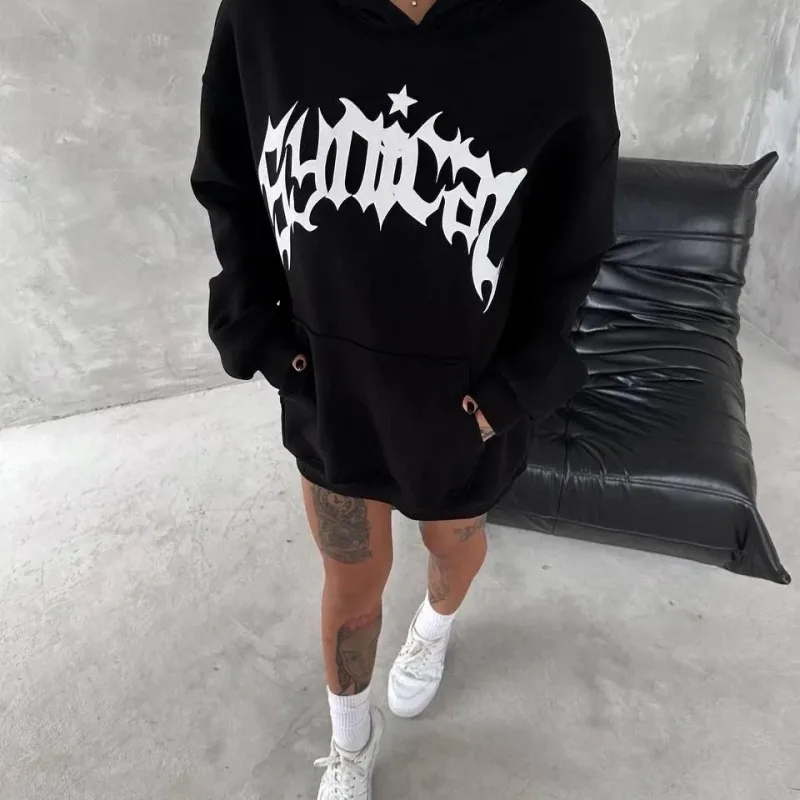 Women's Black Oversize Hooded Pocket Printed 3-Thread Cotton Sweatshirt