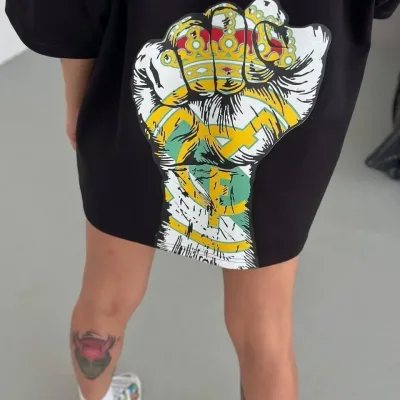 Women's Black Oversize Crew Neck Printed Summer T-Shirt 3