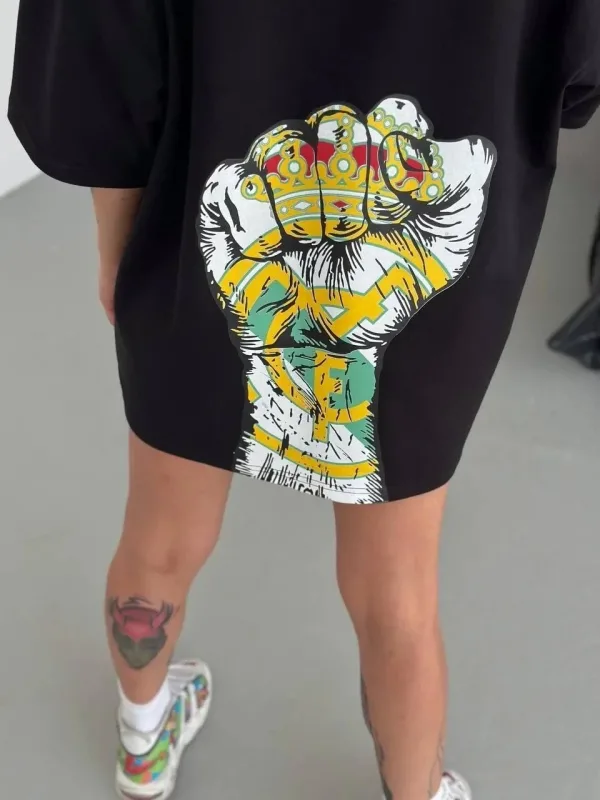 Women's Black Oversize Crew Neck Printed Summer T-Shirt 3