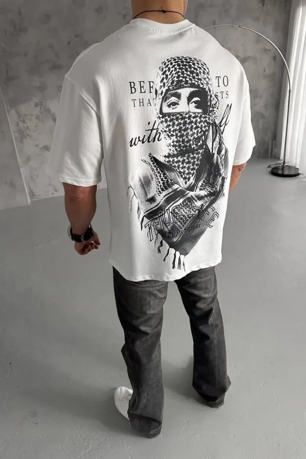 Bărbat Alb Tricou cu Guler Bicicletă Imprimat cu Eșarfă Palestiniană 4