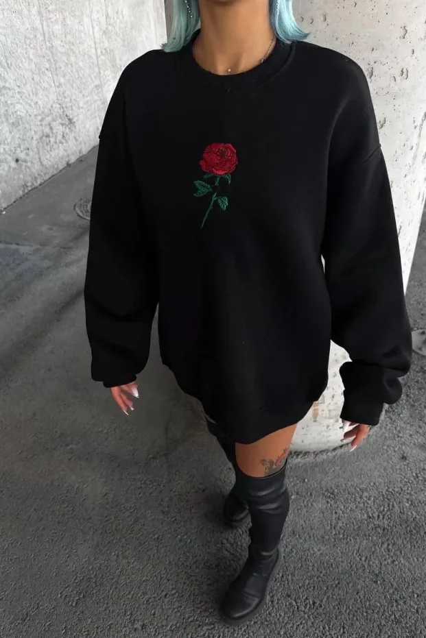 Damski Czarny Oversize Kaptur Róża Nadruk Bawełniany Sweatshirt 2