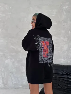 Jinê Reş 3 Têl Pembû Hoodî Bikapûşon Çapkirî Bi Cêbê Kangurû Sweatshirt
