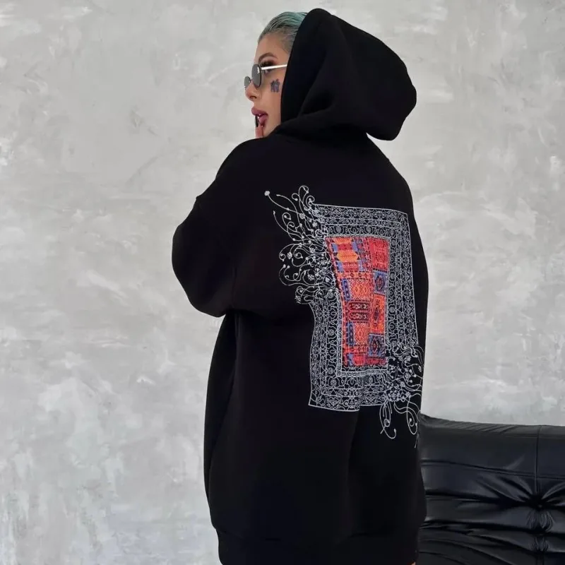Women's Black 3-Thread Cotton Hooded Printed Kangaroo Pocket Sweatshirt