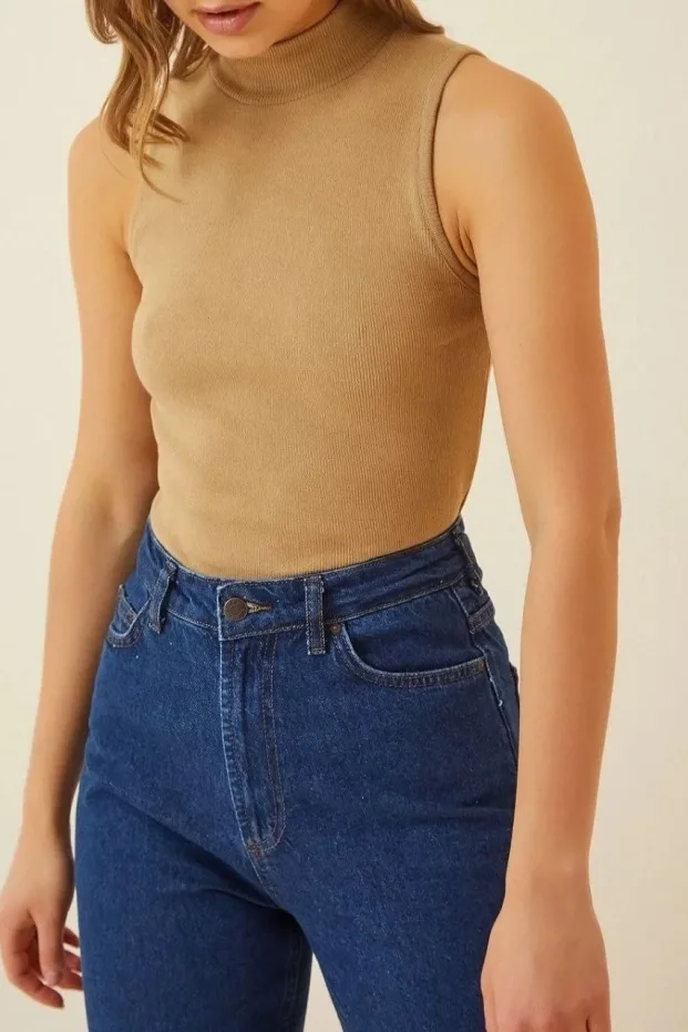 Kadın Camel Fitilli Kaşkorse Yaka Likralı Body 5