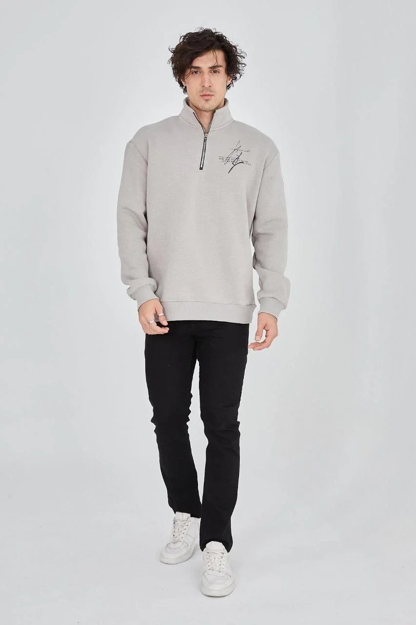 Murš Gri Jumătate Fermuar Printat 3 Firă Bumbac Sweatshirt 8