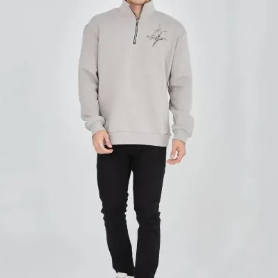 Férfi Szürke Félcipzáras Nyomott 3 Szálas Pamut Sweatshirt 8