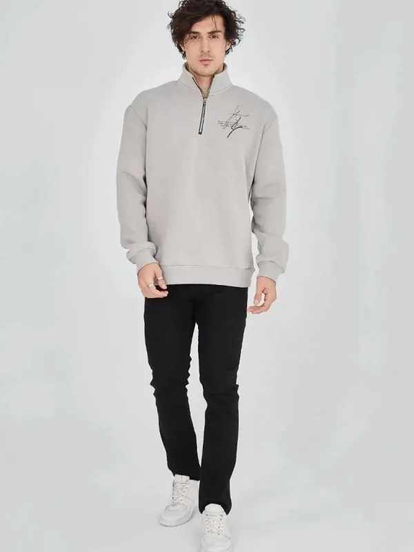 Férfi Szürke Félcipzáras Nyomott 3 Szálas Pamut Sweatshirt 8