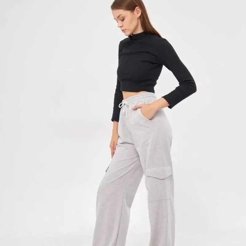Women's Gray Oversized Wide Leg Cargo Pocket Palazzo Pants