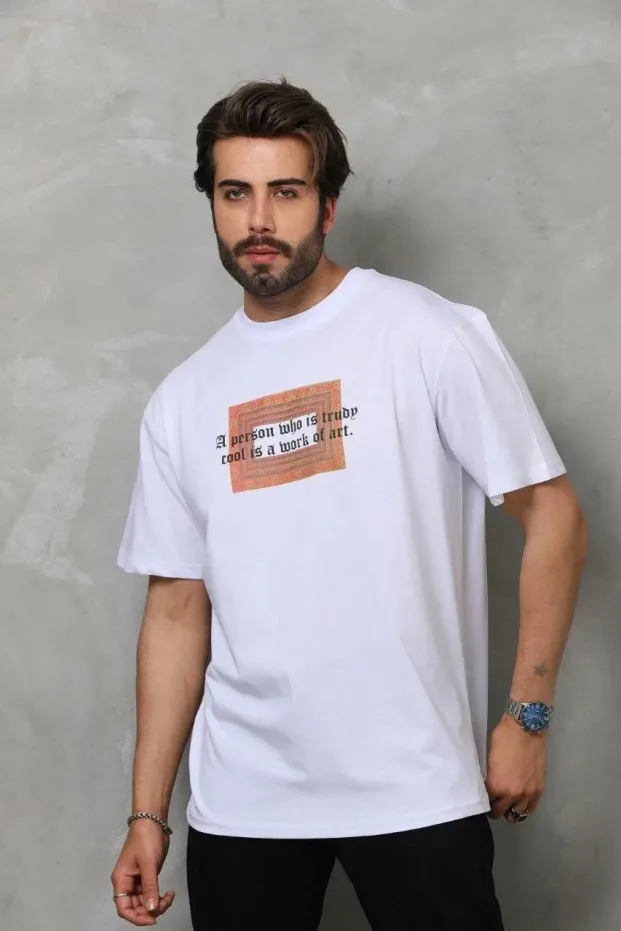 Men's White Regular Bicycle Neck Printed T-Shirt 7