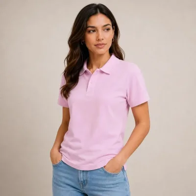 Women's Pink Basic Polo Neck Button Pique Fabric T-Shirt 4