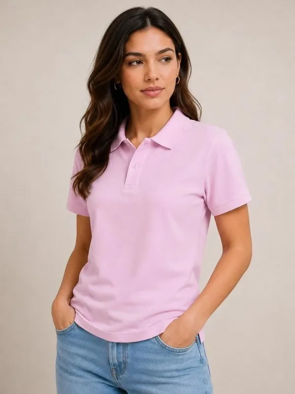 Women's Pink Basic Polo Neck Button Pique Fabric T-Shirt 4