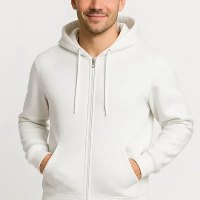 Pánský bílý 3-nitní bavlněný sweatshirt s celo zipem, kapucí a kapsami 6