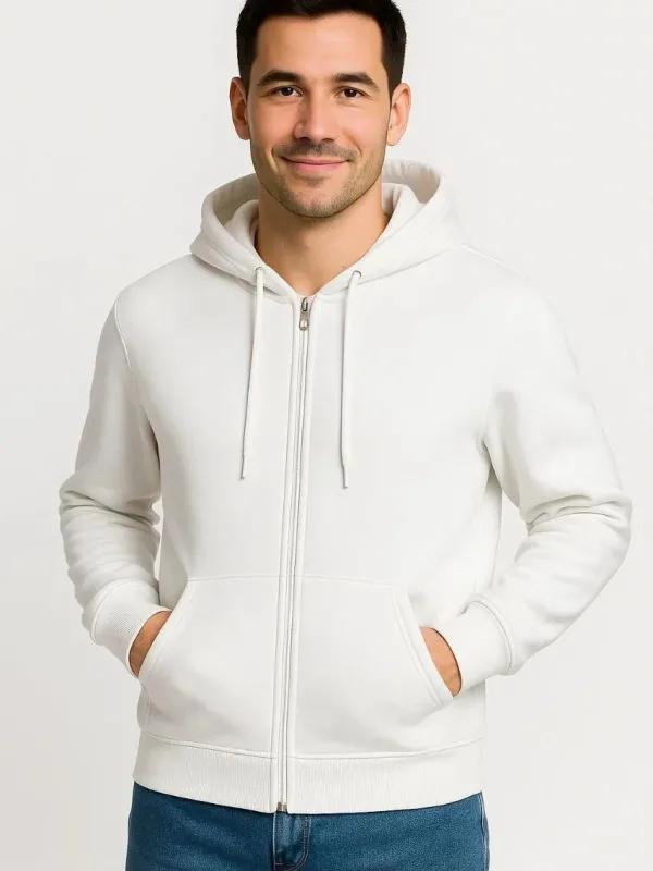 Pánský bílý 3-nitní bavlněný sweatshirt s celo zipem, kapucí a kapsami 6