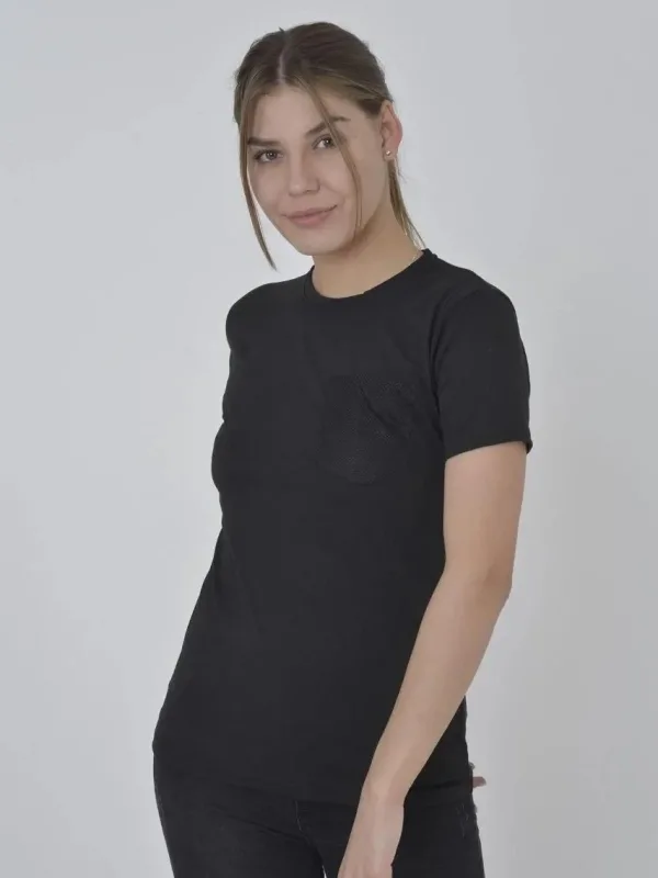 Γυναικείο Μαύρο Στενό T-shirt με Στρογγυλή Λαιμόκοψη και Δικτυωτή Τσέπη 2