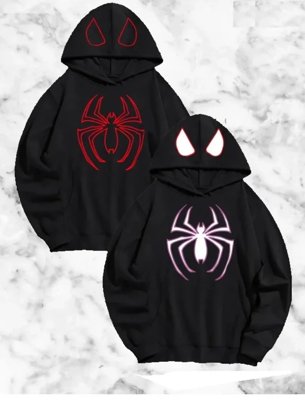 Ženski Crni Pauk Štampani Kapuljačasti Oversize Sweatshirt 1