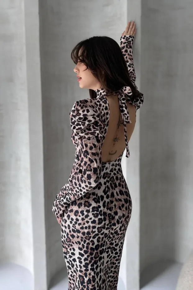 Back Cutout Leopard Pattern Dress Beige 2