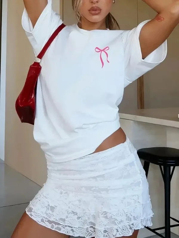 Jina Spî Oversize Stûyê Bisîkletê Çapkirî Tîşort 5