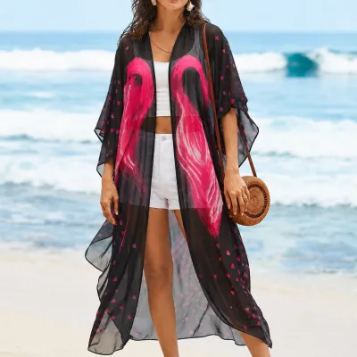 Női Fekete Kényelmes Szabású Sifon Kimono Ruha 1