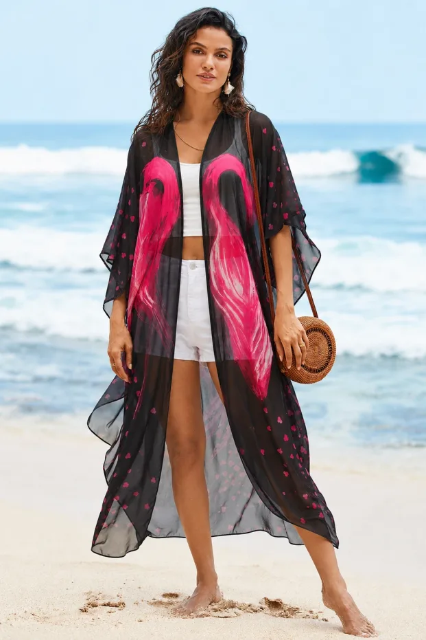 Női Fekete Kényelmes Szabású Sifon Kimono Ruha 1