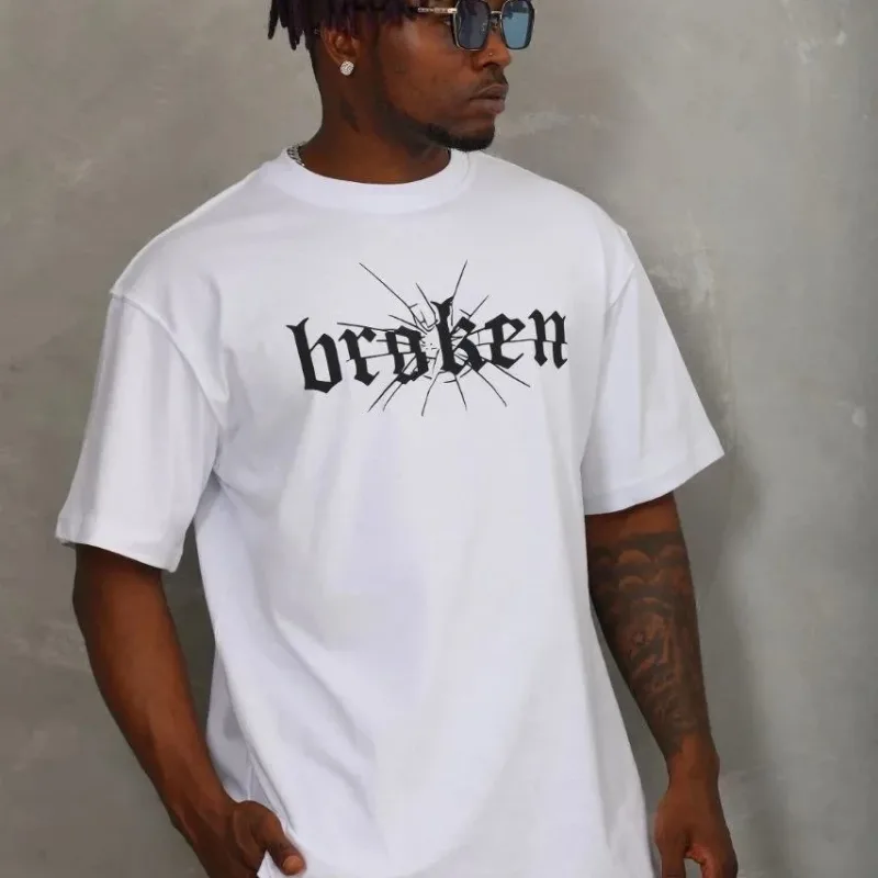 Bărbat Alb Regular Fit Guler Bicicletă Imprimat Tricou