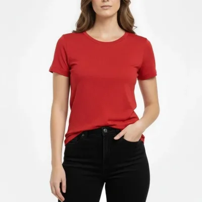 Femeie Tricou Roșu Slim Fit cu Guler Bicicletă, Elastan 3