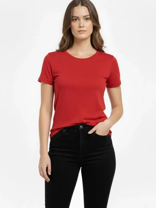 Femeie Tricou Roșu Slim Fit cu Guler Bicicletă, Elastan 3