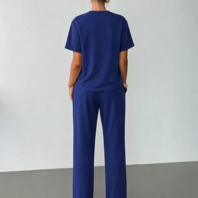 Kadın Lacivert Oversize Soft Modal Kumaş Kısa Kollu Bluz Pantolon Takım 5