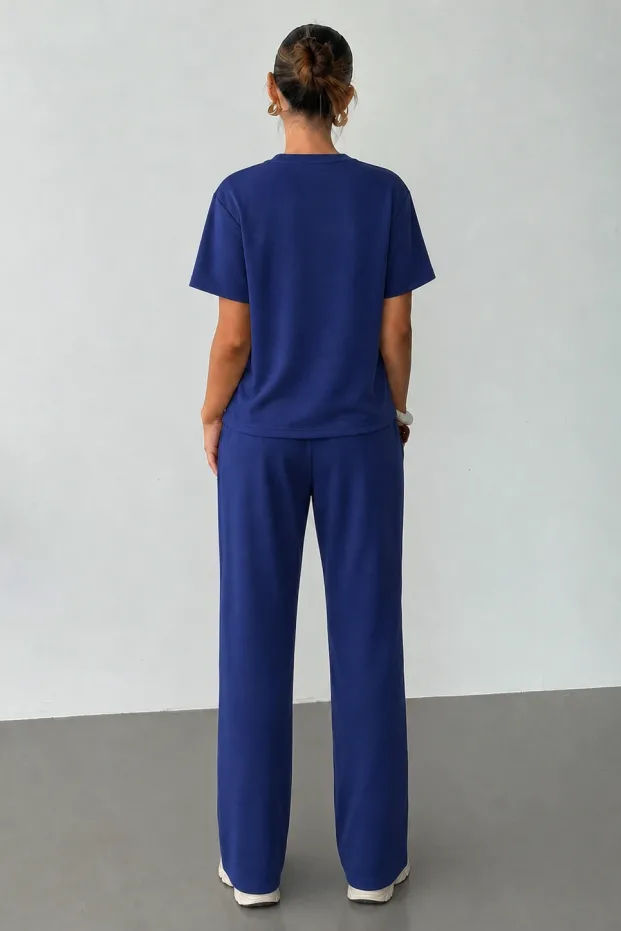 Kadın Lacivert Oversize Soft Modal Kumaş Kısa Kollu Bluz Pantolon Takım 5